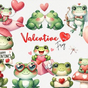 Cute Watercolor Valentine Frog Clipart, Frog Valentine, Love, Heart, Romantic, Wedding, Couple PNG Graphics, Commercial Use