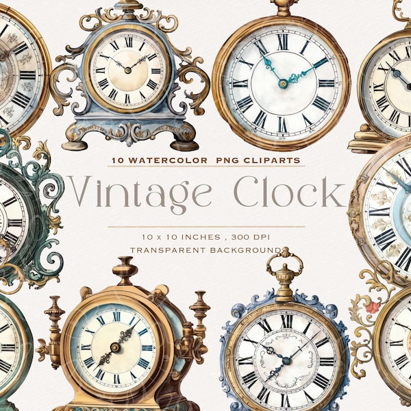 Elegant Vintage Clock Watercolor Clipart, Antique Clock, Trending Retro PNG, Commercial Use for crafts, invitations, scrapbooks