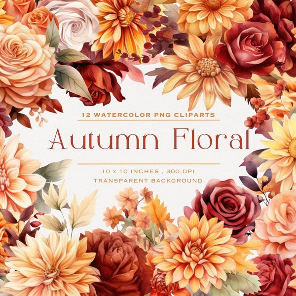 Autumn Floral Watercolor Clipart, Flowers PNG Designs, Fall Flowers, Commercial Use for sublimation, making cards, invitation, wedding cards