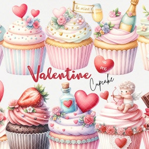 Cute Watercolor Valentine Cupcake Clipart, Dessert, Treats, Love, Sweets, Baking, Wedding, Birthday PNG Graphic Designs- Commercial Use