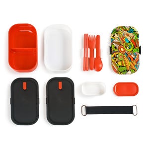 May include: A disassembled bento box set. The components include red, white, and black containers, orange cutlery, and a lid with a colourful pattern. A black strap is also included for securing the box.
