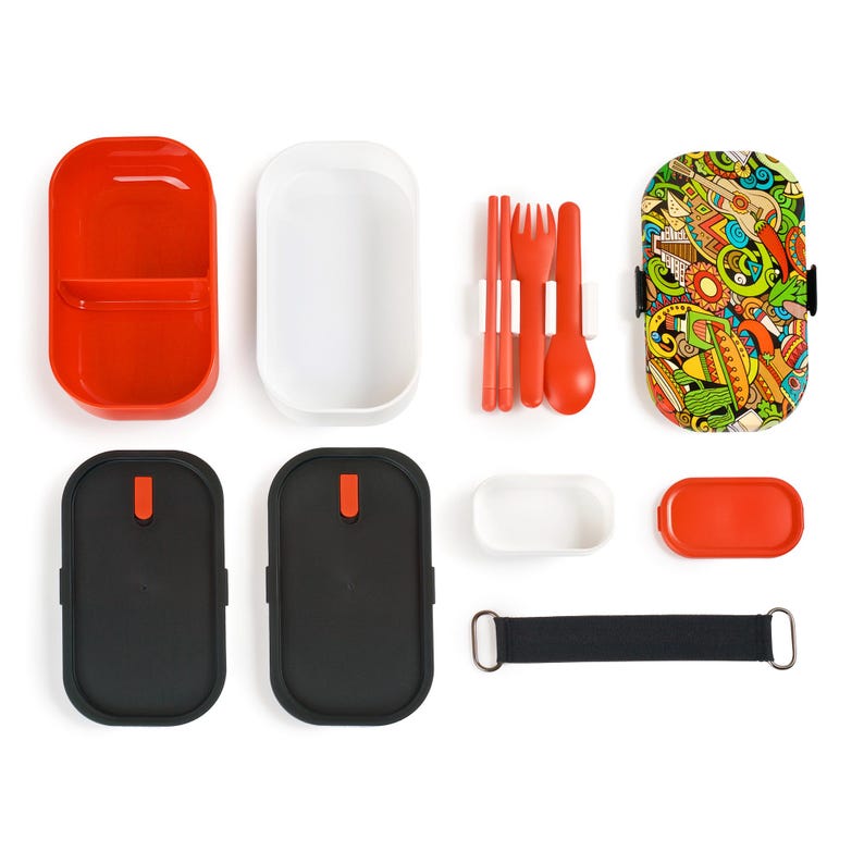 May include: A disassembled bento box set. The components include red, white, and black containers, orange cutlery, and a lid with a colourful pattern. A black strap is also included for securing the box.