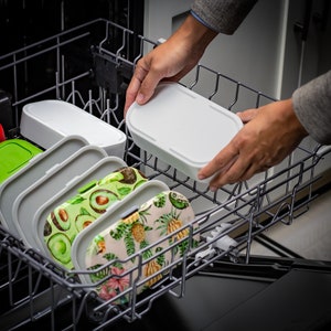 May include: A person loading a dishwasher with various lunch containers. The containers have different patterns, including avocado, pineapple, and floral designs. The containers are white with a clear lid.