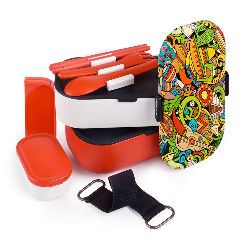 May include: A multi-compartment lunch box set in red, white, and black, with matching utensils. Includes a patterned sleeve with a colorful design featuring musical instruments and cultural motifs. A black strap is also included.