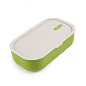 May include: A green and white rectangular lunchbox with a latch on the top.