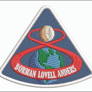 May include: Embroidered patch featuring a blue triangle with a white border. The design includes a globe, a red infinity symbol, and a textured sphere. The text "BORMAN LOVELL ANDERS" is in white.