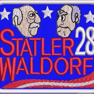 Puede incluir: Parche bordado con las caras de Statler y Waldorf, con el texto "STATLER WALDORF 28" en rojo y blanco. El parche tiene un fondo azul con estrellas blancas y un diseño a rayas rojas y blancas.