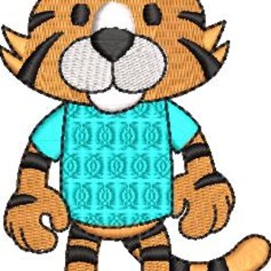 May include: A cartoon tiger with orange and black stripes, wearing a turquoise shirt with a geometric pattern. The tiger has a white face, black nose, and is standing upright.