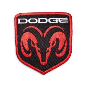 Finished Patch Car Dodge Logo 4.9 Inches Tall on Black Denim Cloth Iron-On
