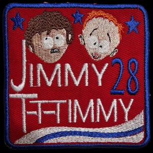 May include: Embroidered patch featuring two cartoon character faces, the text "JIMMY" and "TIMMY", and the number "28". The patch has a red background with blue stars and a blue border. A white and blue striped design is at the bottom.