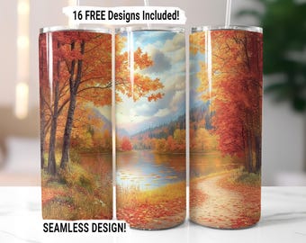 May include: Three stainless steel tumblers with a fall-themed design. The tumblers feature a lake scene with trees and leaves in shades of red, orange, and yellow. The text "16 FREE Designs Included!" is at the top of the image and "SEAMLESS DESIGN!" is at the bottom.