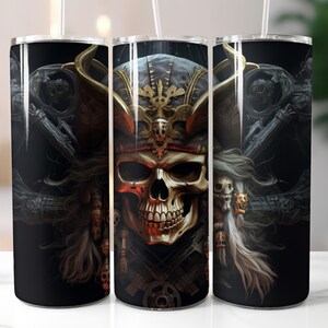 May include: A black tumbler featuring a detailed illustration of a pirate skull wearing a hat with gold accents. The skull has red highlights and long, flowing hair. The design is set against a dark background with additional pirate-themed elements.