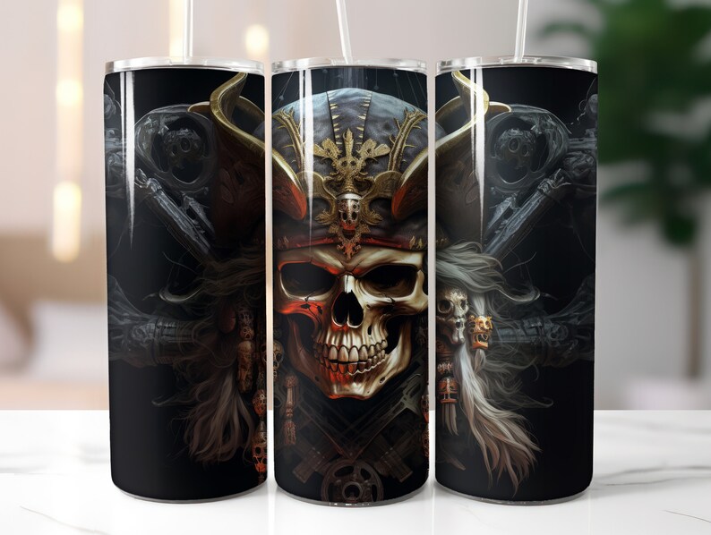 May include: A black tumbler featuring a detailed illustration of a pirate skull wearing a hat with gold accents. The skull has red highlights and long, flowing hair. The design is set against a dark background with additional pirate-themed elements.