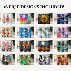 May include: 16 free designs included! A collage of 16 different designs for stainless steel tumblers. The designs include floral patterns, tie-dye, sunflowers, butterflies, marble, and more.