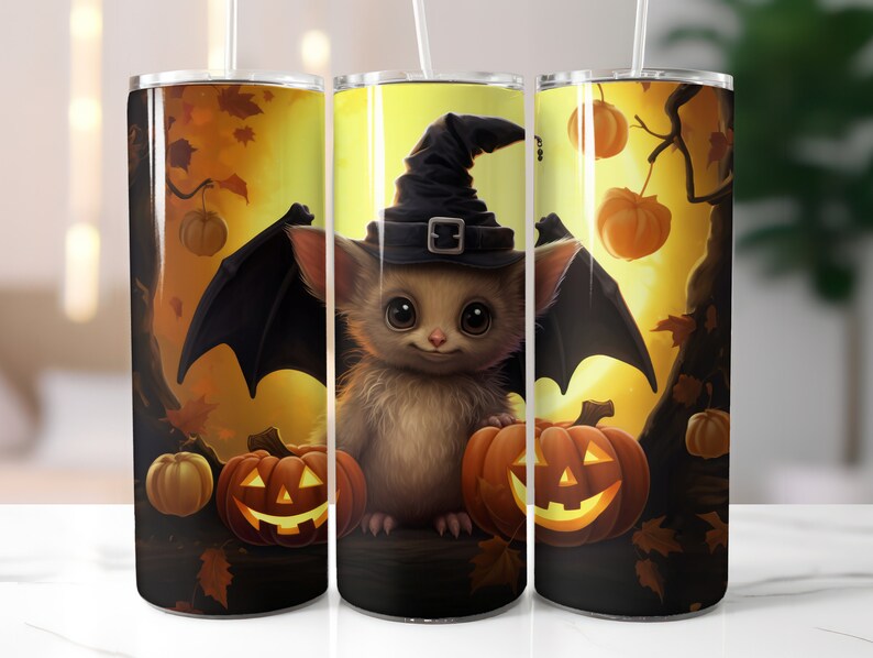 May include: A set of three stainless steel tumblers with a Halloween theme. The tumblers feature a cute bat with a witch's hat, pumpkins, and autumn leaves.