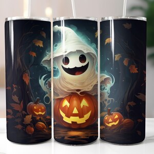 May include: A stainless steel tumbler with a Halloween theme. The design features a friendly ghost holding a jack-o'-lantern. The background is a dark forest with autumn leaves.