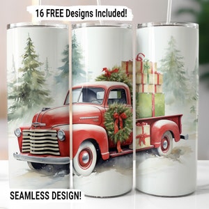 Christmas Pickup Truck Tumbler Wrap Seamless Sublimation PNG, 20 oz Skinny Tumbler Sublimation Design, Vintage Red Truck Digital Download