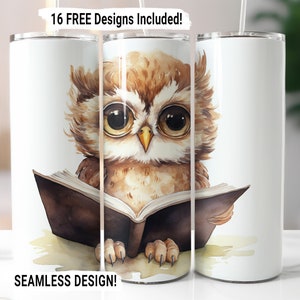 Owl Reading Book Tumbler Wrap Seamless Sublimation PNG, 20 oz Skinny Tumbler Sublimation Education Design Digital Download