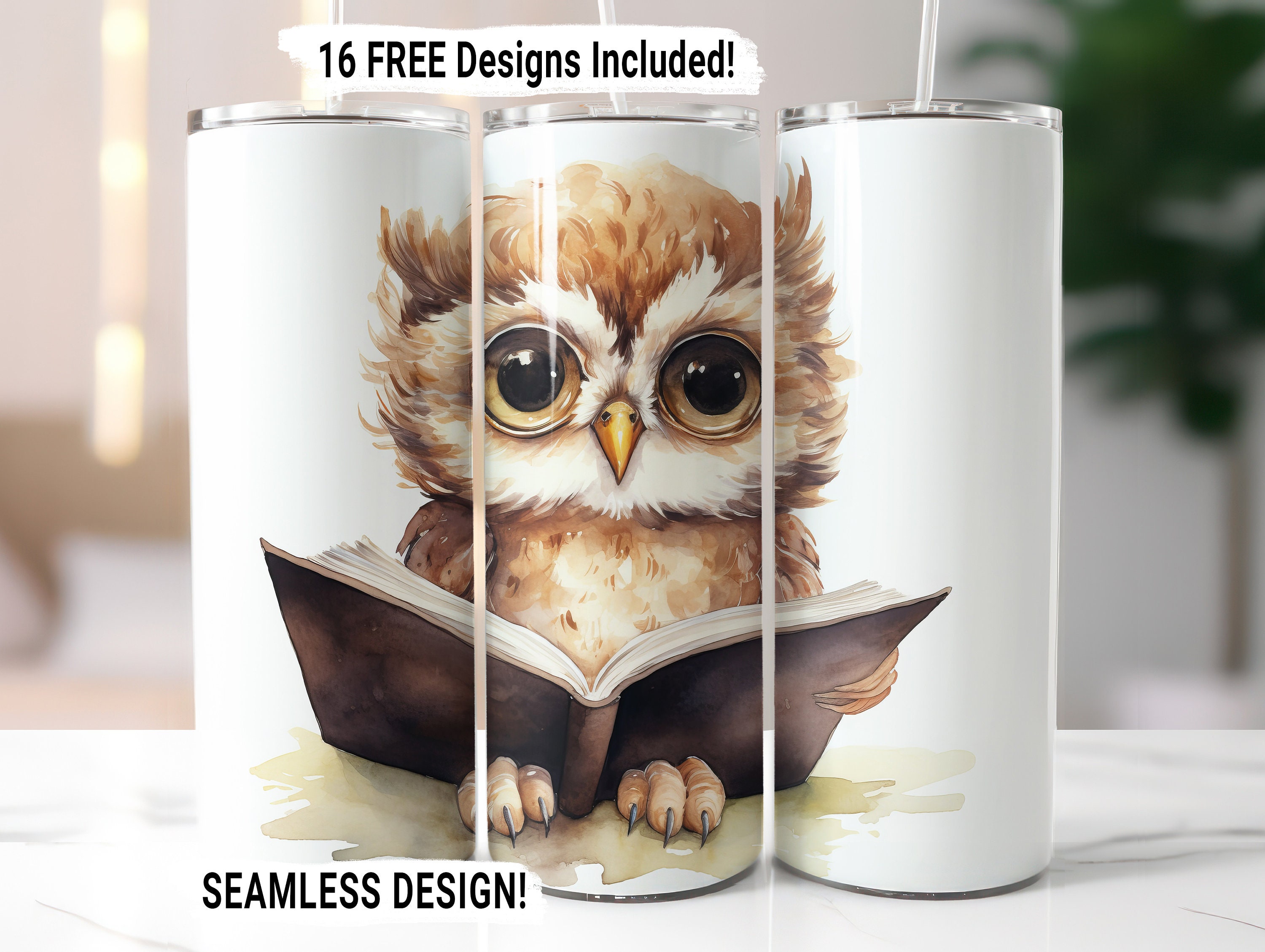 Owl Reading Book Tumbler Wrap Seamless Sublimation PNG, 20 oz Skinny Tumbler Sublimation Education D