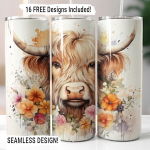 Highland Cow Tumbler Wrap Seamless Sublimation PNG, 20 oz Skinny Tumbler Wrap, Highland Cow Sublimation Design, Digital Download