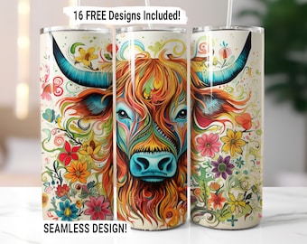Highland Cow Flowers Tumbler Wrap Seamless Sublimation PNG, 20 oz Skinny Tumbler Wrap, Highland Cow Sublimation Design, Digital Download