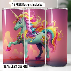 Unicorn Tumbler Wrap Seamless Sublimation PNG, 20 oz Skinny Tumbler Sublimation Design Watercolor Colorful Unicorn Digital Download