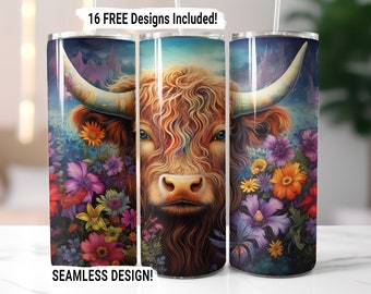 Highland Cow Flowers Tumbler Wrap Seamless Sublimation PNG, 20 oz Skinny Tumbler Wrap, Highland Cow Sublimation Design, Digital Download