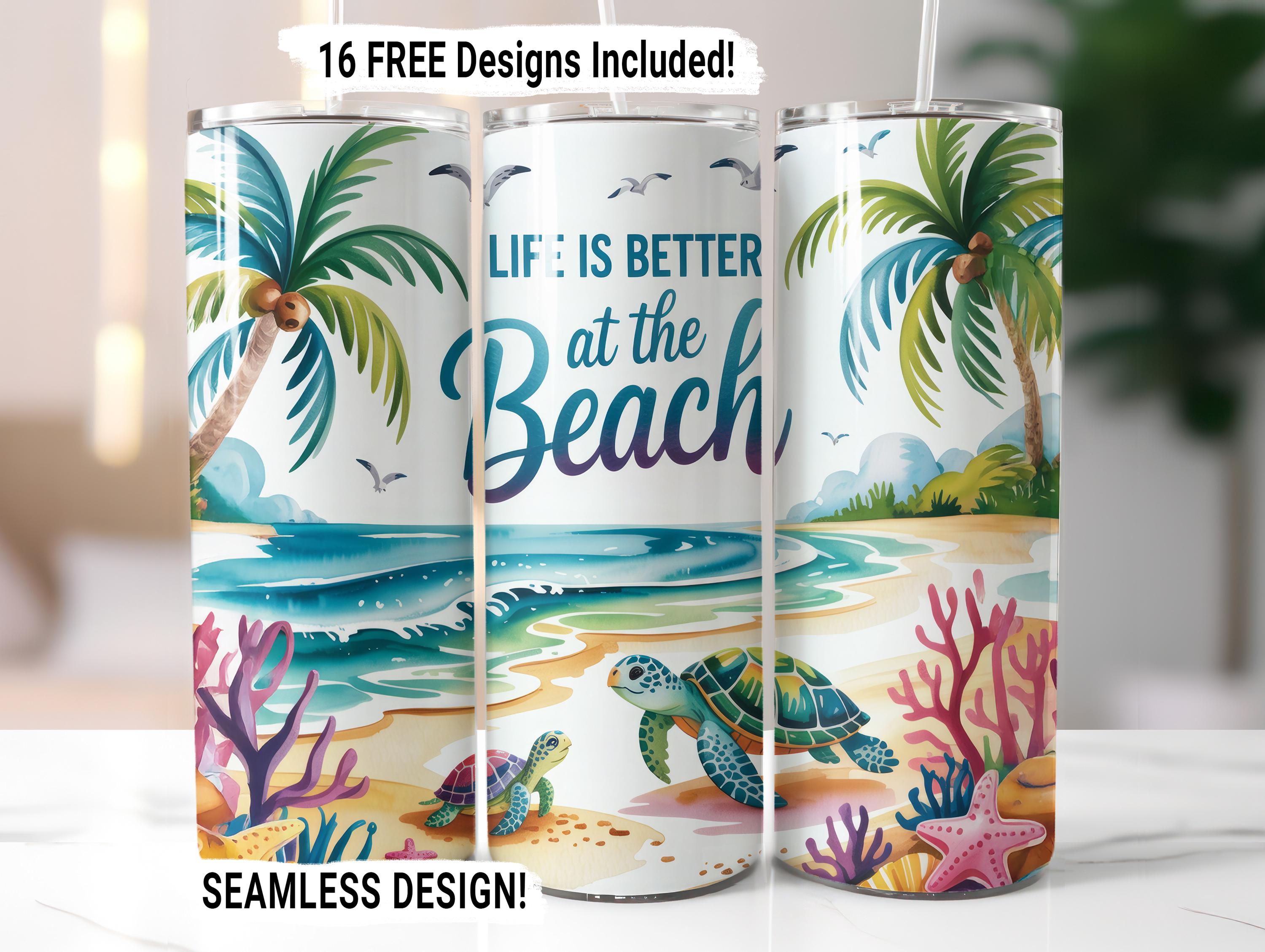 Life is better at the Beach Tumbler Wrap Seamless Sublimation PNG, Summer Turtle Ocean Beach Life, 20 oz Skinny Tumbler Wrap, Starfish Quote