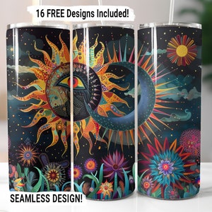 May include: A stainless steel tumbler with a colorful, psychedelic design featuring a sun, moon, and flowers. The text "16 FREE Designs Included!" and "SEAMLESS DESIGN!" is printed on the tumbler.