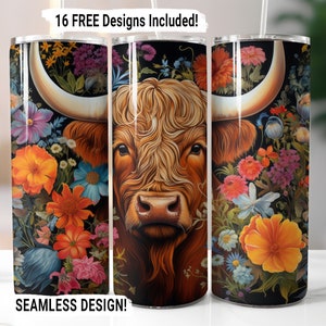 Highland Cow Tumbler Wrap Seamless Sublimation PNG, 20 oz Skinny Tumbler Wrap, Highland Cow Sublimation Design, Digital Download