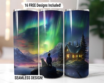 Envoltório para copo Northern Lights, sublimação perfeita PNG, design de sublimação para copo fino de 20 oz, download digital Aurora Borealis