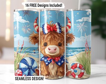 4th of July Highland Cow Beach Tumbler Wrap Seamless Sublimation  Design PNG, 20 oz Skinny Tumbler Wrap Highland Cow 4th of July Download
