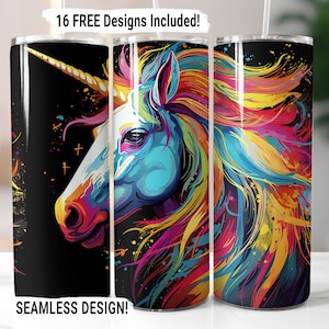 Unicorn Tumbler Wrap Seamless Sublimation PNG, 20 oz Skinny Tumbler Sublimation Design Watercolor Colorful Unicorn Digital Download