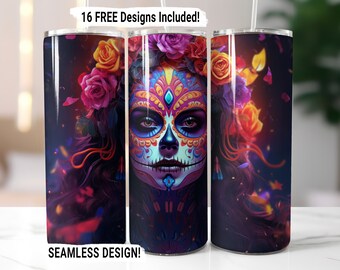 Halloween Neon Day of the Dead Tumbler Wrap Seamless Sublimation PNG, 20 oz Skinny Tumbler Sublimation Design Halloween Digital Download