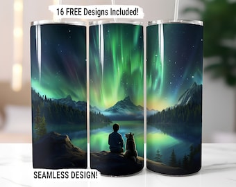 Envoltório para copo Northern Lights, sublimação perfeita PNG, design de sublimação para copo fino de 20 oz, download digital Aurora Borealis