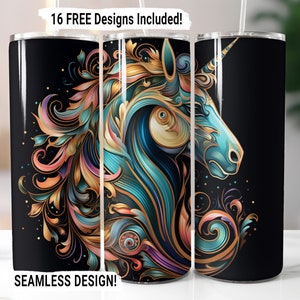 Unicorn Tumbler Wrap Seamless Sublimation PNG, 20 oz Skinny Tumbler Sublimation Design Watercolor Colorful Unicorn Digital Download