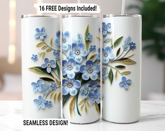 Puede incluir: Tres vasos de acero inoxidable blancos con un diseño floral azul y verde. El diseño presenta un ramo de flores azules nomeolvides con hojas verdes y detalles amarillos. El texto "16 FREE Designs Included!" y "SEAMLESS DESIGN!" es visible en la imagen.