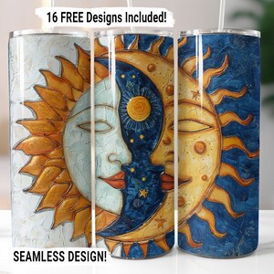 May include: Three stainless steel tumblers with a seamless design featuring a sun and moon illustration. The sun is yellow and gold with a human face and the moon is blue with a human face. The background is blue and white. The text "16 FREE Designs Included!" and "SEAMLESS DESIGN!" are printed on the tumblers.
