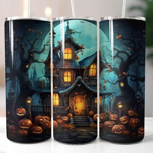 May include: Three stainless steel tumblers with a Halloween theme. The tumblers feature a spooky house with glowing windows, a full moon, and jack-o'-lanterns. The background is a dark forest with trees and leaves.