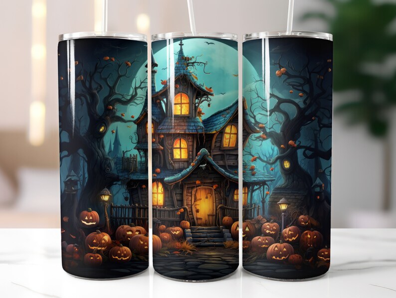 May include: Three stainless steel tumblers with a Halloween theme. The tumblers feature a spooky house with glowing windows, a full moon, and jack-o'-lanterns. The background is a dark forest with trees and leaves.
