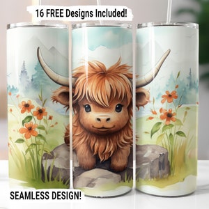 Highland Cow Tumbler Wrap Seamless Sublimation PNG, 20 oz Skinny Tumbler Wrap, Highland Cow Sublimation Design, Digital Download
