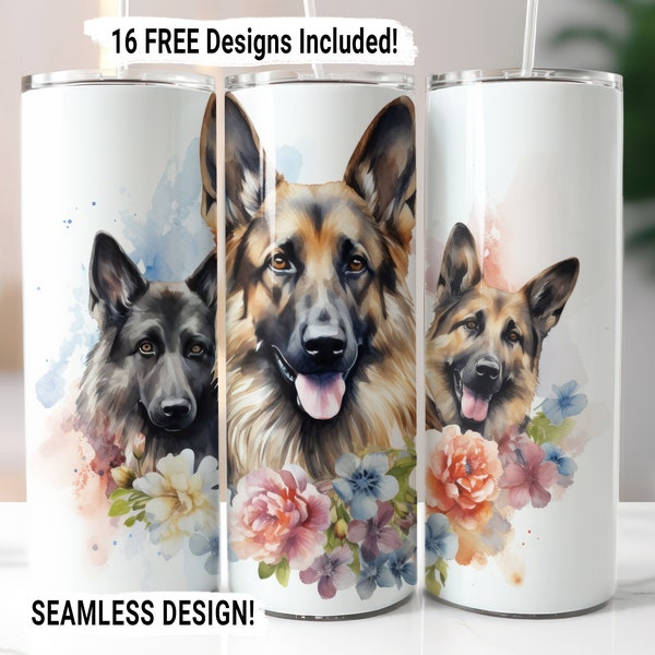 German Shepherd Tumbler Wrap Seamless Sublimation PNG, 20 oz Skinny Tumbler Sublimation Dog Mom Tumbler Design Digital Download