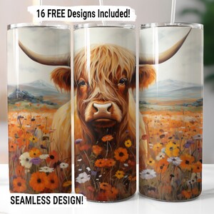 Highland Cow Tumbler Wrap Seamless Sublimation PNG, 20 oz Skinny Tumbler Wrap, Highland Cow Sublimation Design, Digital Download