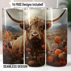 Highland Cow Tumbler Wrap Seamless Sublimation PNG, 20 oz Skinny Tumbler Wrap, Highland Cow Sublimation Design, Digital Download