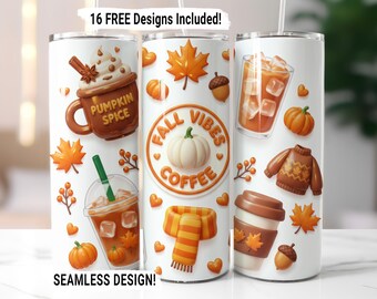 May include: Three white insulated tumblers with fall-themed designs. One features a pumpkin spice latte, another says "Fall Vibes Coffee", and the third has a sweater and iced coffee. The text "16 FREE Designs Included!" and "SEAMLESS DESIGN!" are visible.