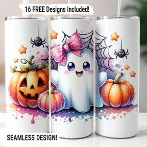 Pu&ograve; includere: Un bicchiere in acciaio inossidabile bianco con un design di Halloween che presenta un simpatico fantasma, zucche e ragni. Il bicchiere ha un design senza cuciture e include 16 design gratuiti.