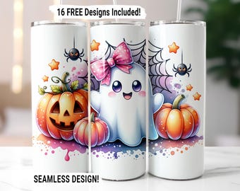 Coquette Halloween Tumbler Wrap Cute Ghost Pumpkin Tumbler Sublimation PNG, 20 oz Skinny Tumbler Wrap, Spooky Ghost Spider Bow Download