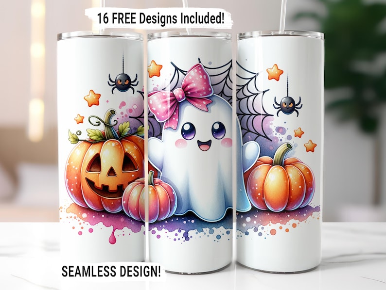 Pu&ograve; includere: Un bicchiere in acciaio inossidabile bianco con un design di Halloween che presenta un simpatico fantasma, zucche e ragni. Il bicchiere ha un design senza cuciture e include 16 design gratuiti.