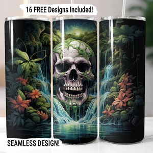 May include: A black and green stainless steel tumbler with a skull and waterfall design. The skull is green and dripping with a green liquid. The waterfall is blue and white. The tumbler has a seamless design. 16 FREE Designs Included!