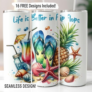 Beach Tumbler Wrap Seamless Sublimation PNG, Seashells Ocean Beach Life 20 oz Skinny Tumbler Wrap, Beach Flip Flops Design, Digital Download